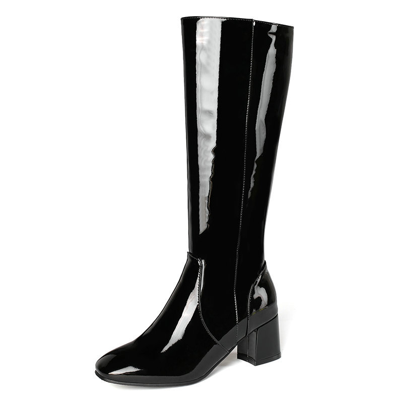 

2021 New Square Heel Knee High Autumn Winter All Match Long Boots Pu Leather Women Shoes Big Size 34-43 Mn3q, Black