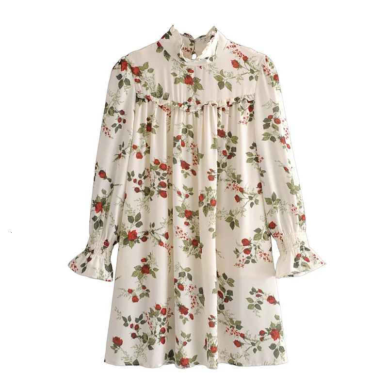 

2021 Summer Women New French Retro Lotus Leaf Decoration Small Floral Dress Female Elastic Ruffle Sleeves Lined Mini Dresses EOH8, Multi
