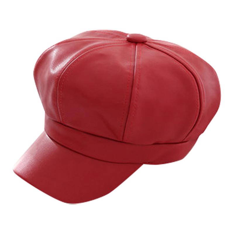 

Men Women PU Leather Beret Cap Painter Hat Solid Color Retro for Autumn Winter JL, Black