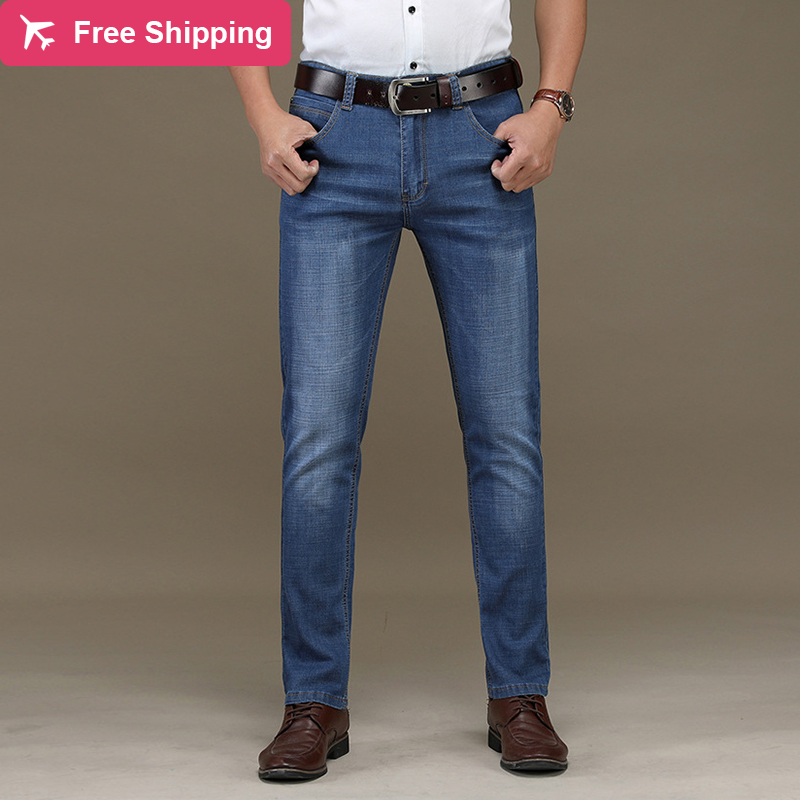 

High quality fashion demin thin black suit blue plus size denim of men's vintage business pants