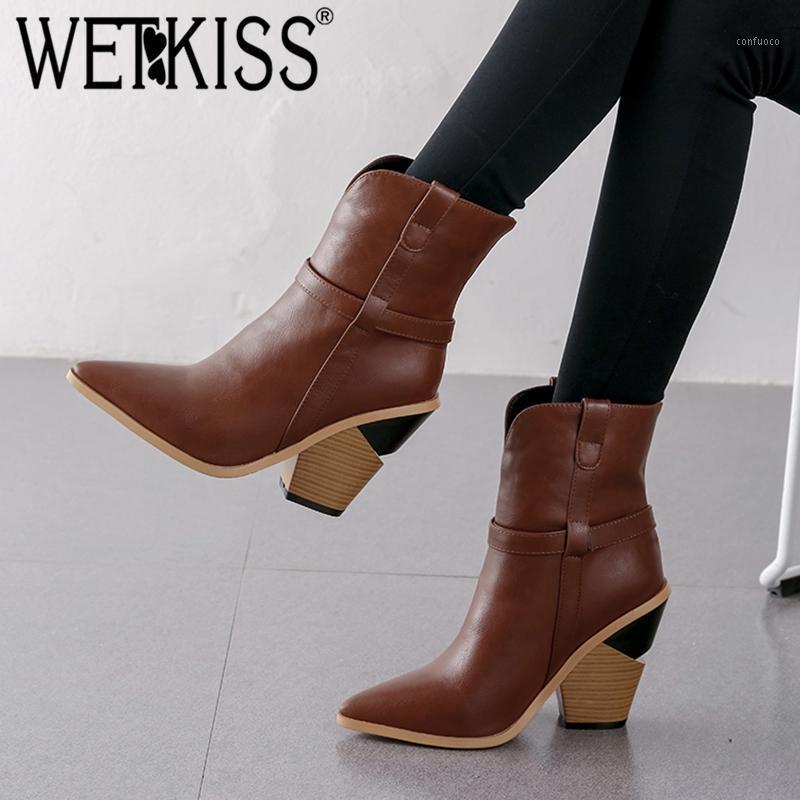 

WETKISS Snake Skin Pu Boots Women Western Ankle Boot Female High Heels Wood Shoes Ladies Pointed Toe Shoes Women Winter 2020 New1, Black