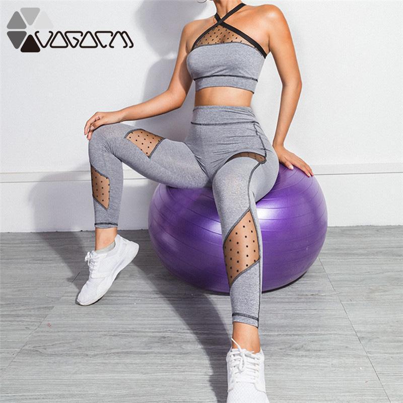 

Seamless 2 Pcs Yoga Set Women' Sexy Backless Padded Bra Mesh Stitching Breathable Slim Leggings Running Sportswear Workout Suit1, Gray