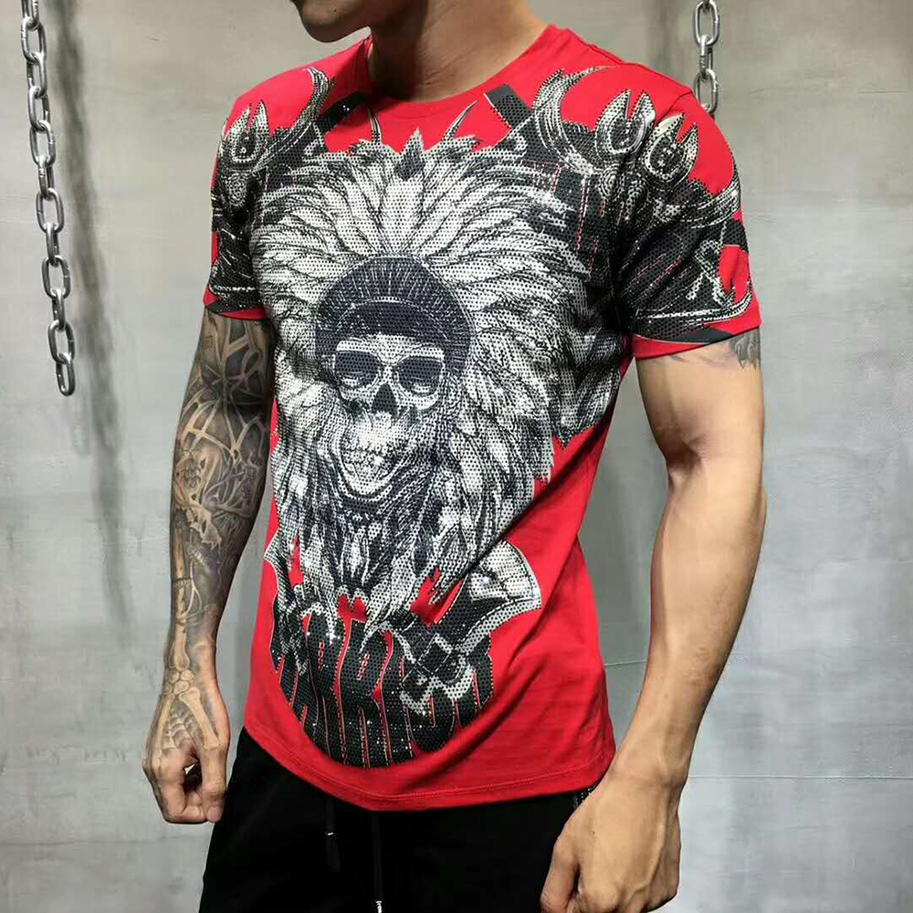 

Pp Bag Men Summer Shirt O-neck Short Sleeve Cotton Tees Male Casual T-shirt Rhinestone Print Tshirt W5ys, Red