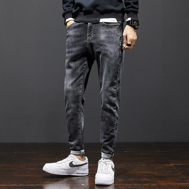 

Korean Style Fashion Men Jeans High Quality Slim Fit Elastic Retro Black Gray Denim Trousers Streetwear Vintage Designer Pants