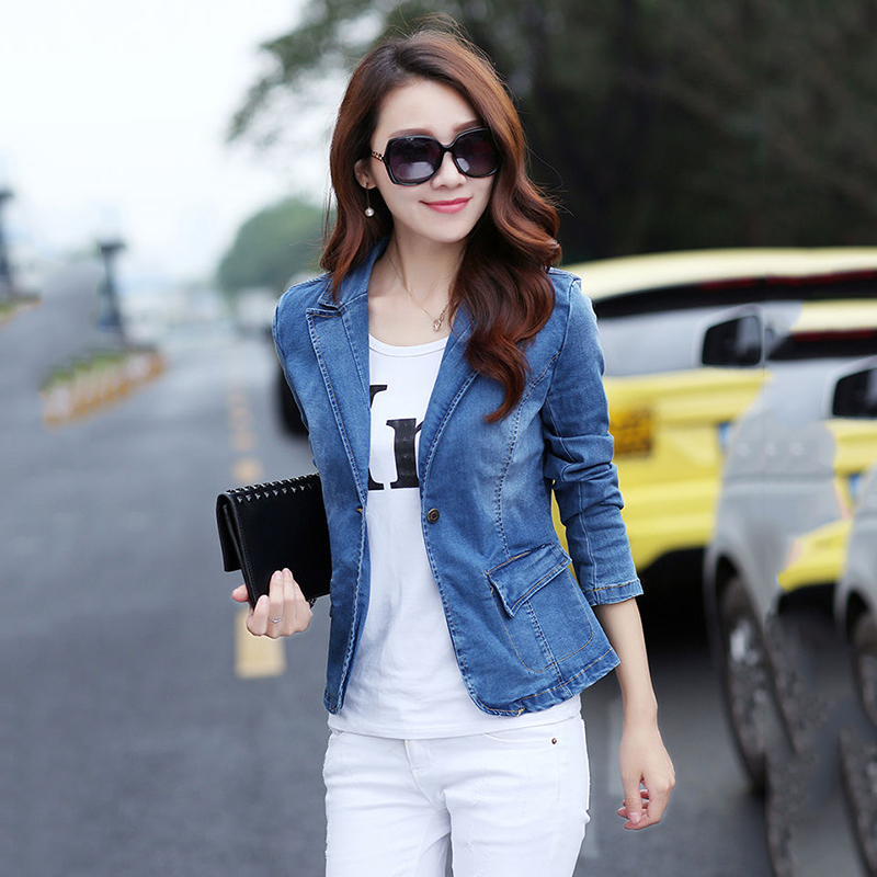 

2020 new female denies thin spring and autumn jackets classic fashion stretch ladies short denim sweaters to work, Blue