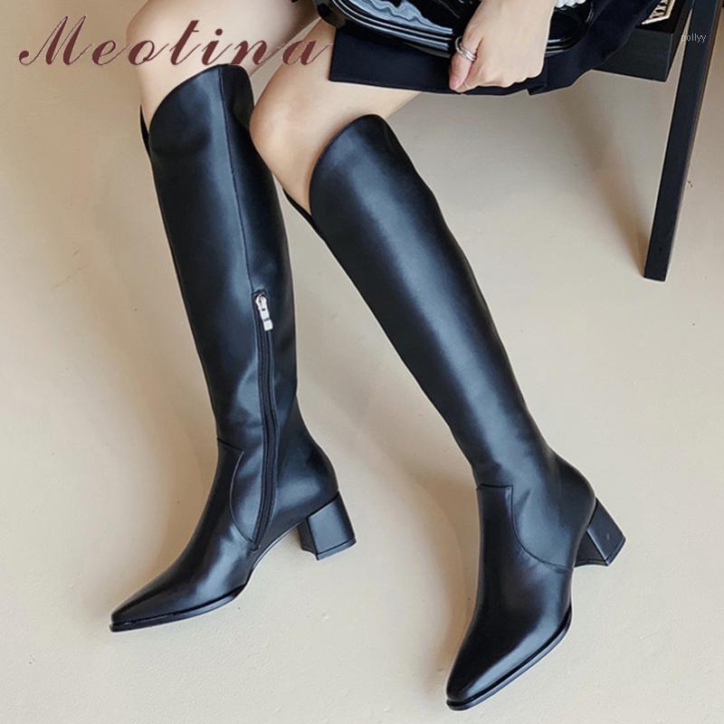

Meotina Long Boots Women Shoes Real Leather High Heel Western Boots Zip Pointed Toe Thick Heels Knee High Autumn Winter 401, Black synthetic lin