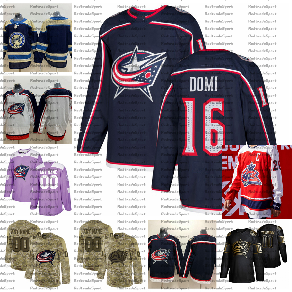 

2021 Reverse Retro Customize #16 Max Domi Columbus Blue Jackets Jerseys Golden Edition Camo Veterans Day Fights Cancer Hockey Jersey