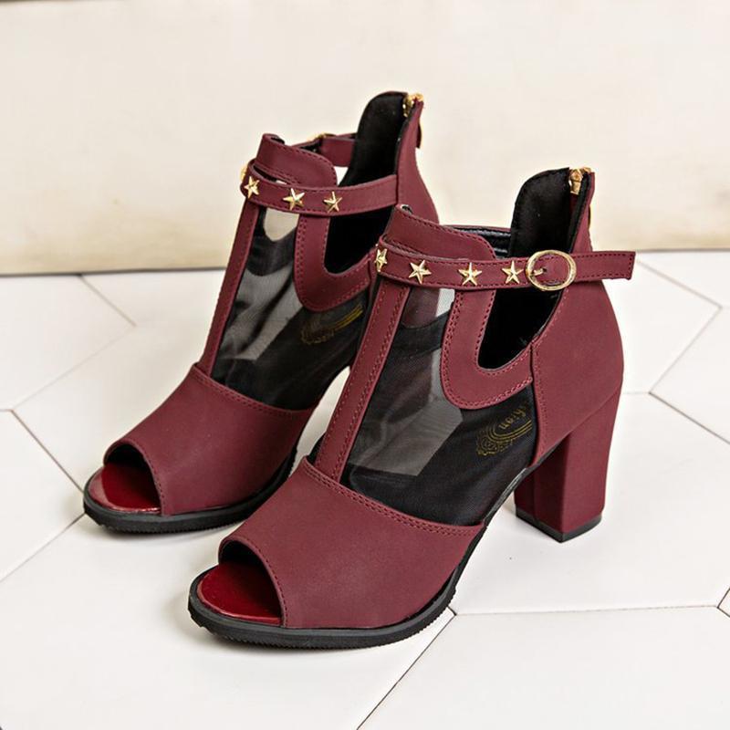 

High Quality Shallow Mouth High Heels Wedding Party Ladies Wild Open Toe Buckle Mesh Heel Thick Heel Shoes Fish Mouth1, Black