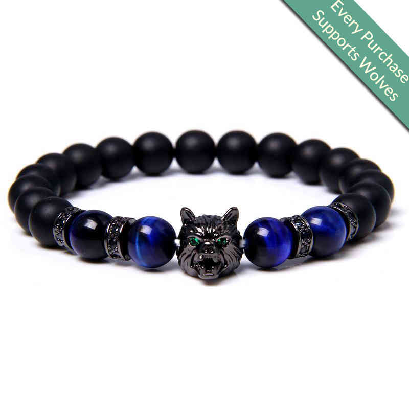 

2021 new simple style wolf head BRACELET COPPER micro inlaid men's tiger stone bracelet straight, Golden;silver