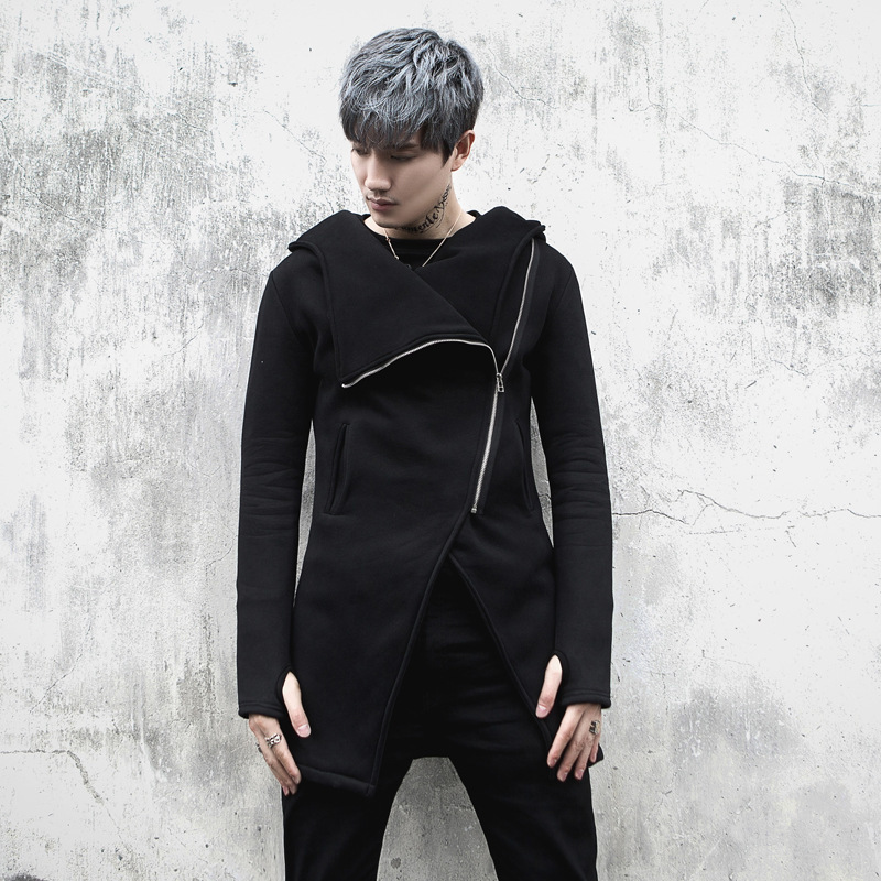 

2021 Men Winter Slim Fit Hip Hop Long Trench Coat Nightclub Stage Garment Irregular Mens of Hood Jacket 00cf, Asian size