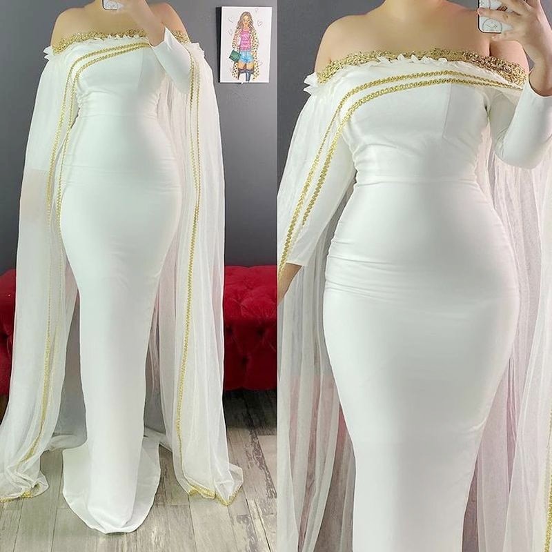 

Aso Ebi Mermaid Pregnant Evening Dresses Off Shoulder Long Sleeve Gold Appliques Formal Prom Dress With Cape moroccan kaftan