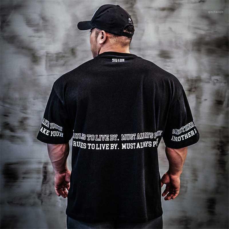 

New Brand Gym Shirt Sport T Shirt Men Cotton Short Sleeve Running Men Workout Training Tee Fitness Tops Loose Large Size1, Black