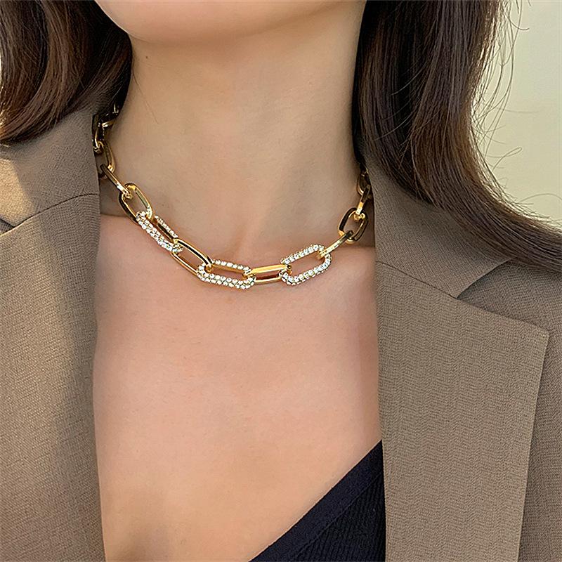 

Rhinestone micro thick link chain necklace for women gold plated shiny punk chunky necklace punk hip-hop