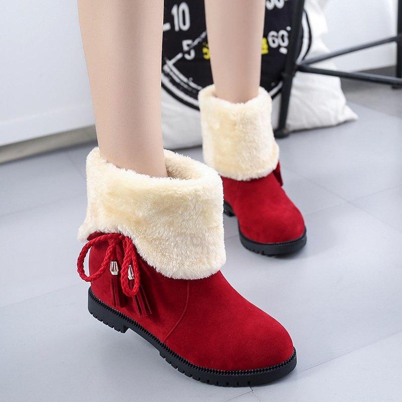 

Women's Christmas Snow Boots Winter Warm Fur-Lined Ankle Boots Ladies Fashion Suede Round Toe Slip-On Shoes Two Ways To Wearing, Yellow