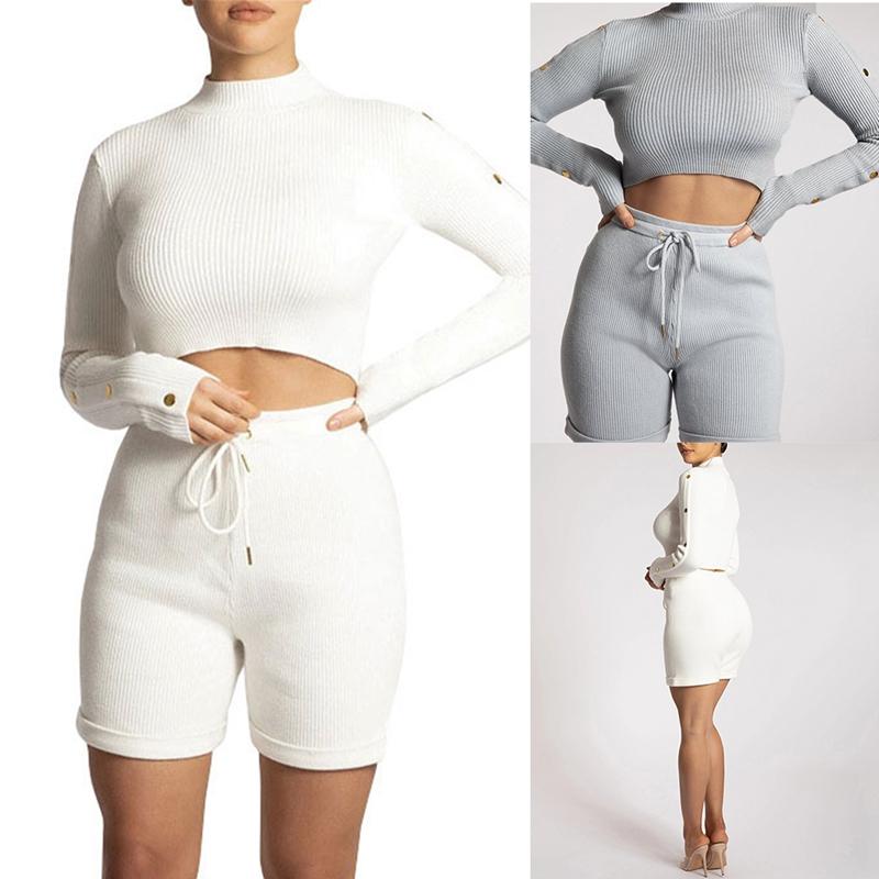 

Long-Sleeved Crop Top Lace-Up Stretch Shorts Sexy Casual 2-Piece Fashion Suit Autumn, Gray