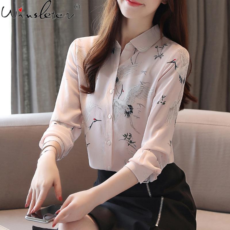

Single-breasted Woman Chiffon Shirts 2020 Autumn Turn-down Collar Long Sleeve Print Women Blouses Korean Style Tops T07804K