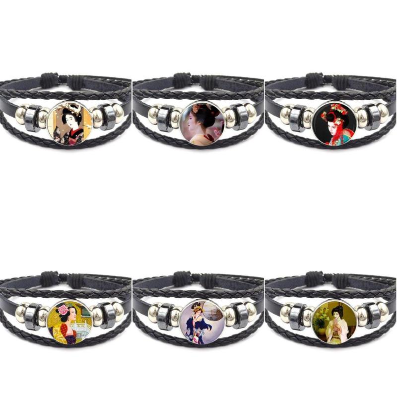 

EJ Glaze For Women Fashion Jewelry Japanese Geisha Logo High Quality Glass Black Leather Bracelet Bangles