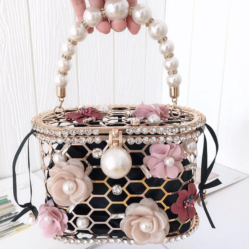 

Free Shipping Black Handbags Pearl Beaded Flower Women Evening Party Purse Best Design Female Dinner Banquet Mini Clutches