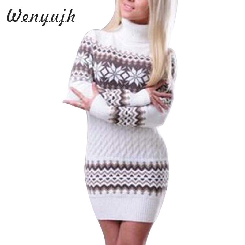 

WENYUJH Autumn Winter Sweater Women Long Sleeve Sweater Dress Female Long Patchwork Knitwear Turtleneck Pullover 201111, White