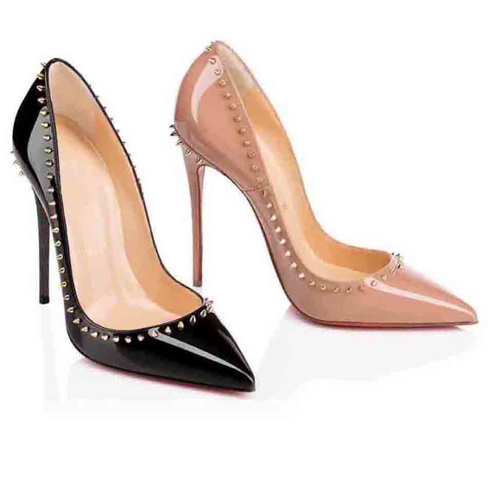 

2020 red bottom fashion high heels for women party wedding black nude yellow leather spikes Pointed Toes red soles Pumps Dress shoes