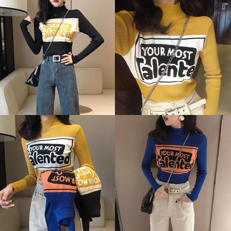 

Slim Contrast Letters Half High Collar Sweater 2020 Autumn and Winter New Hong Kong Temperament Retro Chic Bottoming Shirt Women, Black