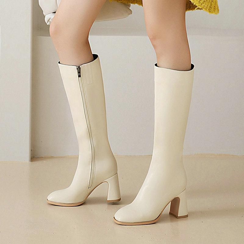 

Winter Ladies Shoes Fashion Female High Boots High Quality Round Toe Square Heel Side Zipper Heels Autumn Large Size 34-43, Beige