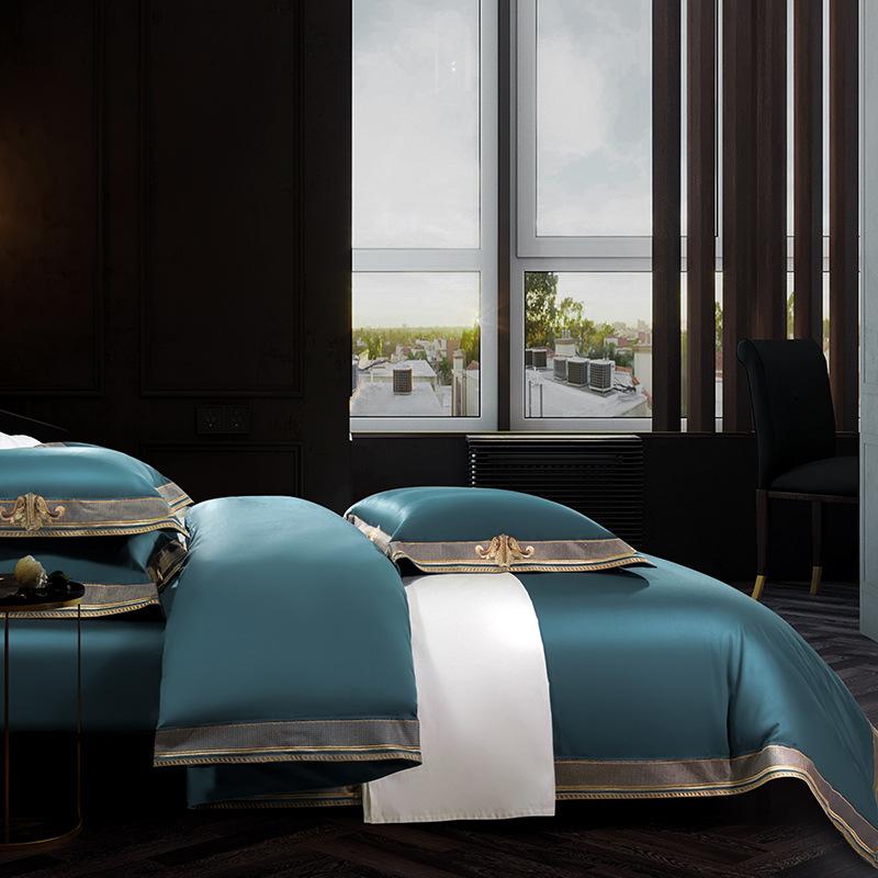 

Luxury 1400TC Pure Navy Blue Egyptian Cotton Bedding Set Soft Gold Embroidery Satin Bed Linens Stitch Duvet Cover/Flat Bedsheet, White