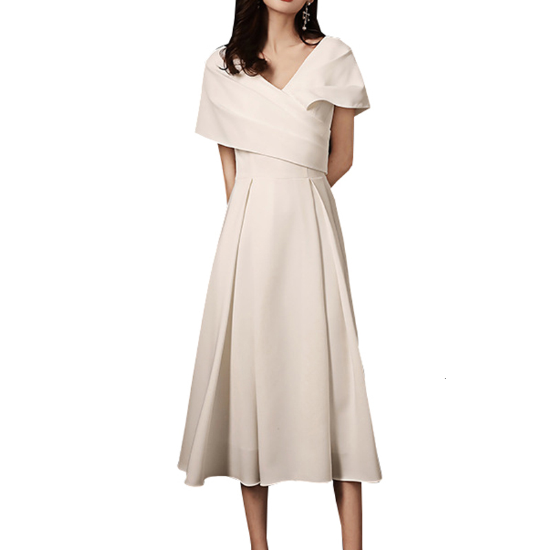 

2021 New Elegant Short Sleeve Long V-neck Slim High Waist Women Pure Color Party White Vestidos Vbs0