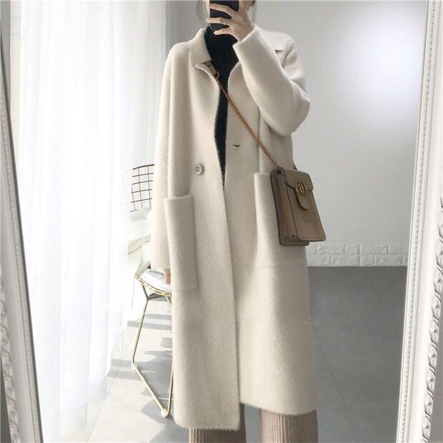 

New Winter Coat Women Oversize Fashion Cashmere Wool Outerwear Female Long Thickening Warm Woolen Overcoat Womens Trench Coats, Rice white