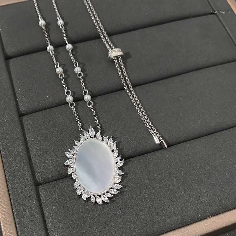 

Chains 100%925 Sterling Silver Mirrored Mother-of-pearl Necklace Women Fashion Retractable Clavicle Chain Jewelry Gift