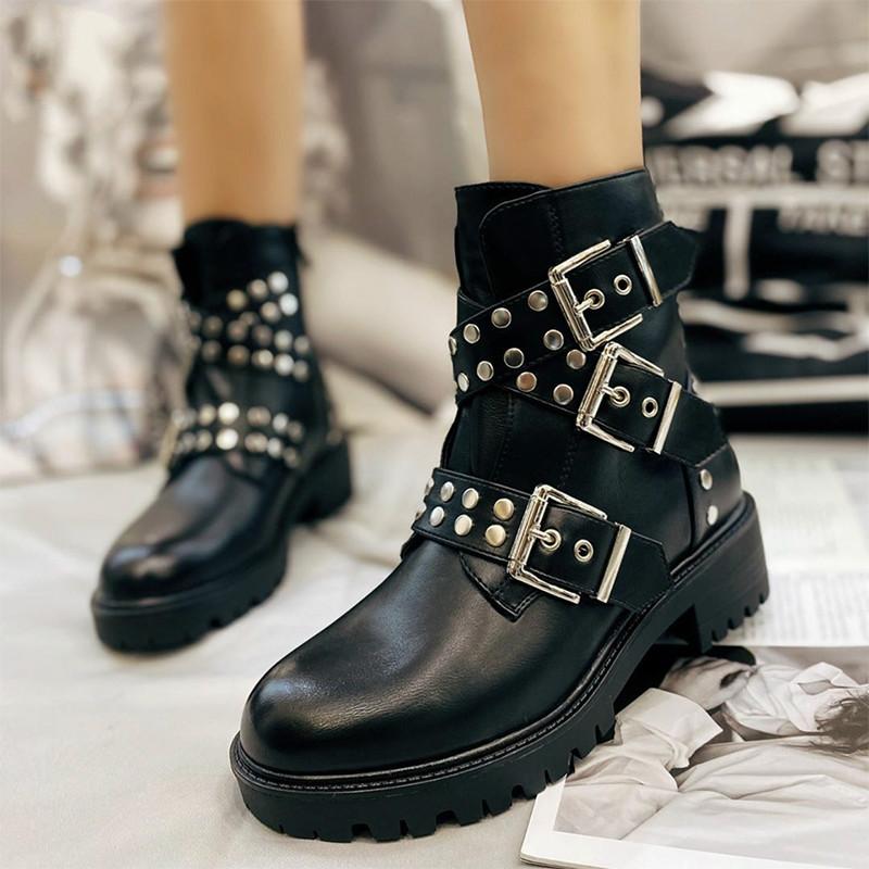 

ins girl Ankle Boots 2021 Fashion Rivet Shoes Woman Buckle Strap Ladies Chunky Heels Female Punk Rome Footwear size 36 41, Black
