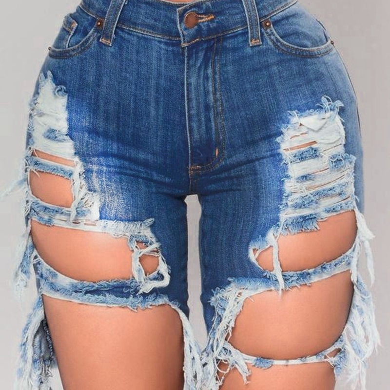 

Sexy Ripped Hole Knee Length Denim Shorts Women Push Up Elastic High Waist Biker Short Jeans Women Summer Black Streetwear Y200822, Navy blue