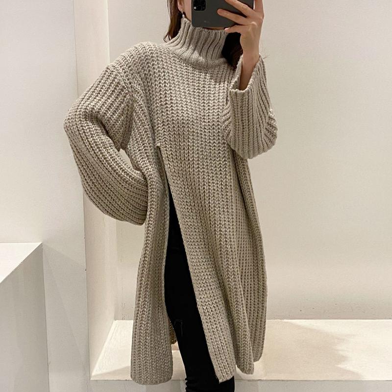 

ZCSMLL Korean Chic Personality High Neck Loose Split Mid-length Thick Needle Stick Warm Long-sleeved Knitted Sweater Women, As shown