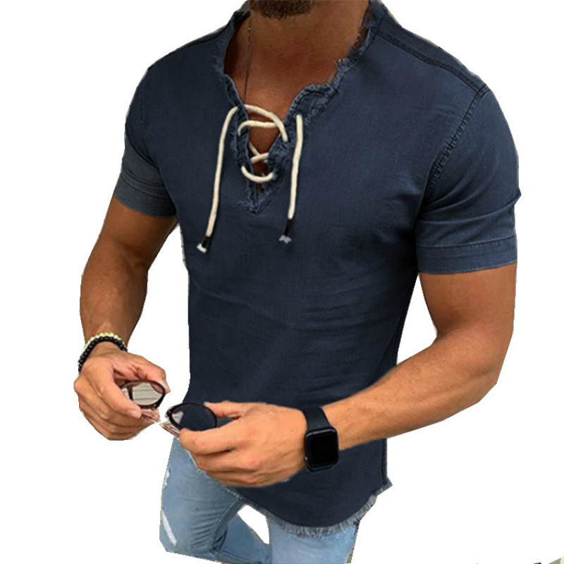 

Fashion Denim Shirt Men Fit Slim Jeans Shirt Short Sleeve V-neck Shirts Casual Lace Up Blouse Top Tee Summer Camisa Masculina C1210, Light blue