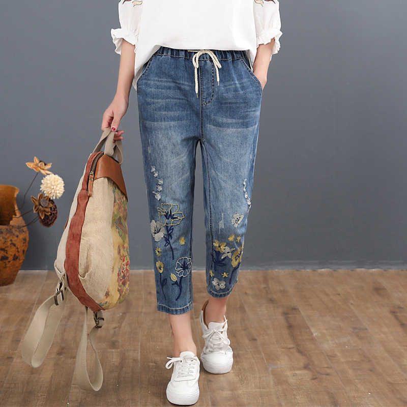 

Fashion Style the Ladies Vintage Embroidered Women's Floral Jeans Denim Cut-off Pants High Waist Harem New Tfvh, Blue