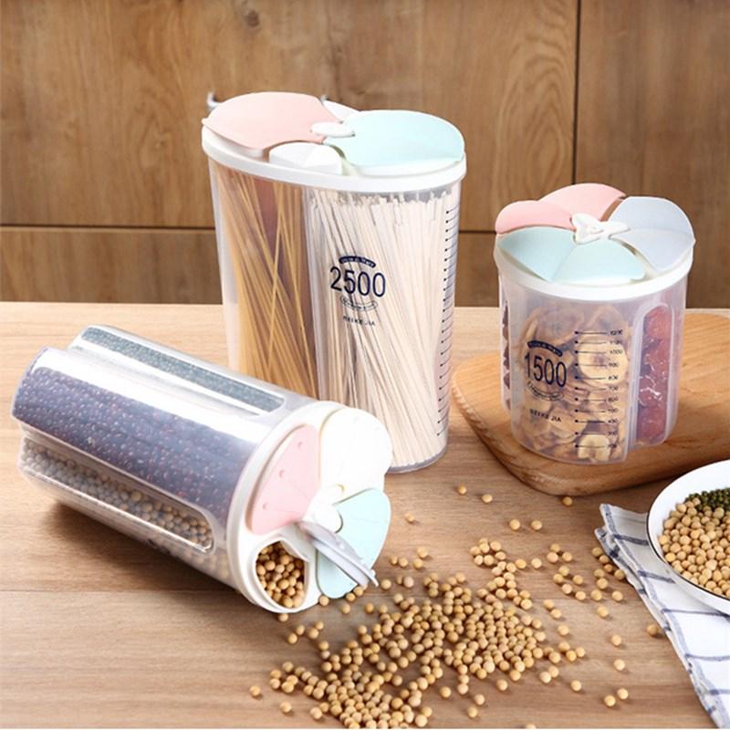 

4 Grids Plastic Kitchen Storage Box Rotating Dry Rice Container Storage Case Flour Grain Bottle Jar