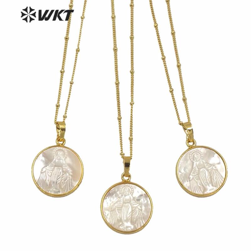 

Pendant Necklaces WT-JN032 WKT Wholesale 10pcs/lot Religion Style Natural Shell Round Pendants Virgin Women Jewelry With 18 Inch Chain