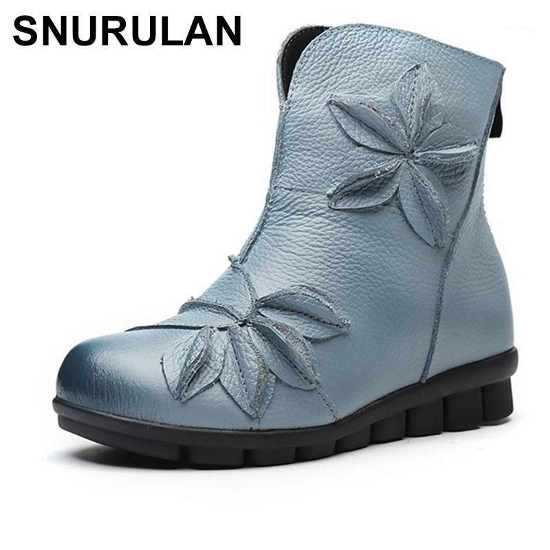 

SNURULAN Womens Ankle Boots Soft Flats Shoes Fashion Womens Autumn Winter Genuine Leather Shoes Female Plus Size 40 41E2081, Without plush black