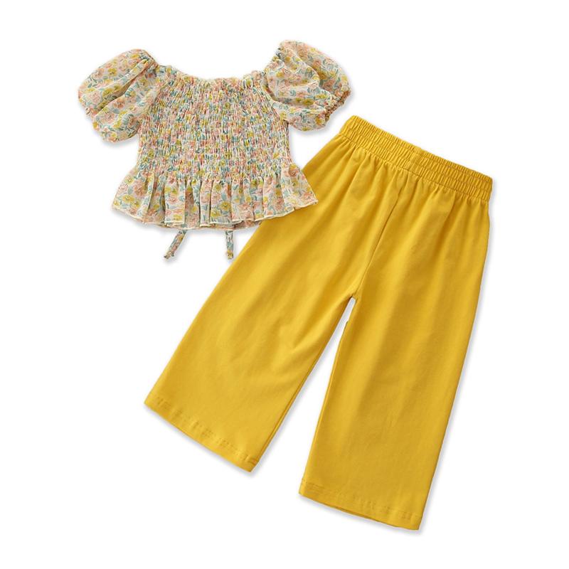 

Kids Baby Girls Fashion 2-piece Outfit Set Lantern Sleeve Floral Tops+Pants Set for Children Girls
