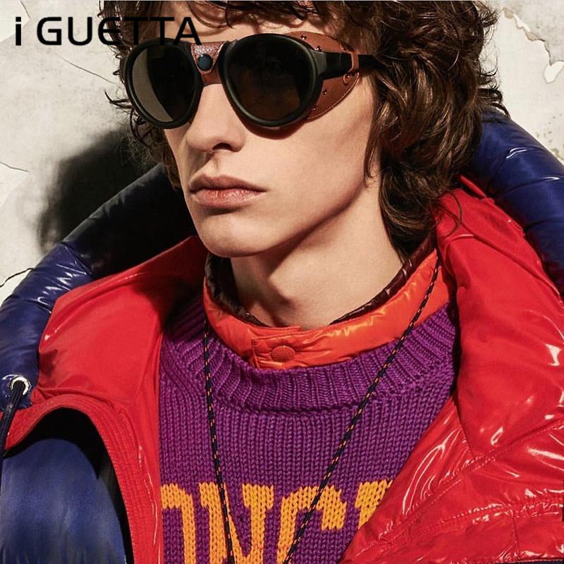 

iGUETTA High Quality Round Steampunk Sunglasses Men Personalized Leather Willow Shape Sun Glasses Women Vintage UV400 IYJB623