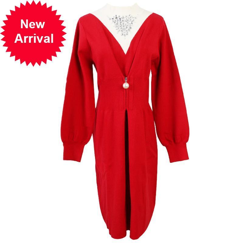 

2021 New High Quality Women Winter The-neck Diamond-studded Nightdress Dress 14xj, Red.