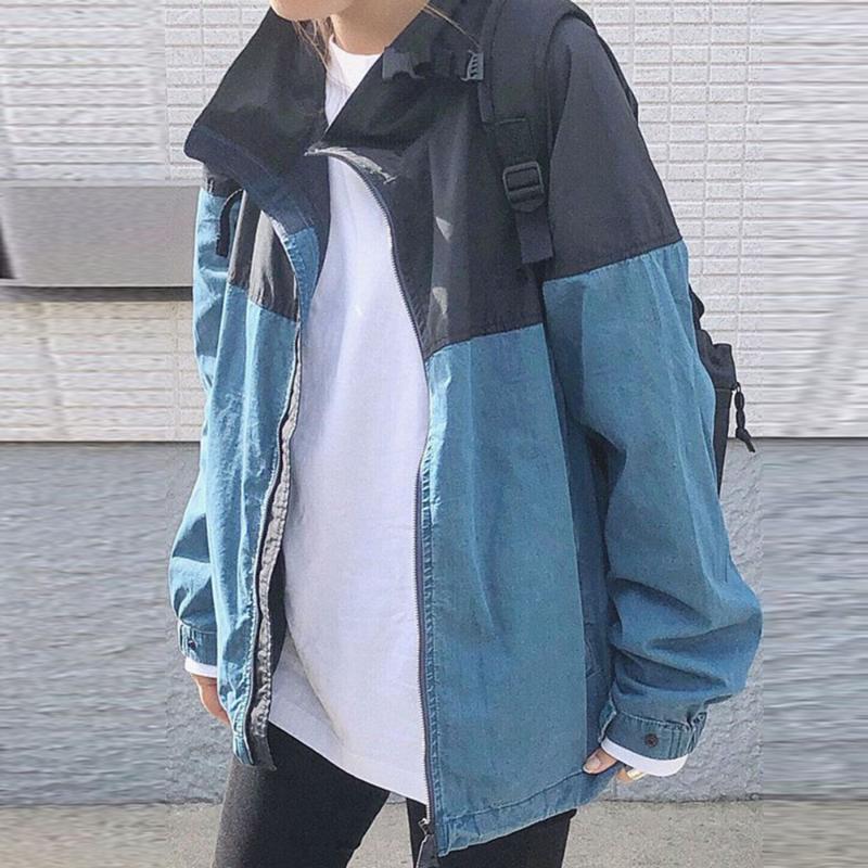 

Jacket 2021 New Style Mid-Length Long Sleeve No Collar Zipper Embellishment Color Block Pattern Loose Model, Blue
