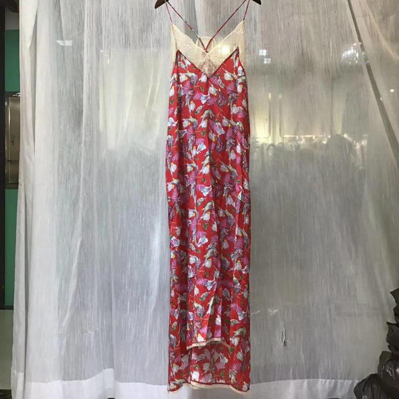 

Retro print ladies Sling dress Lace stitching loose lady midi dress, Tops