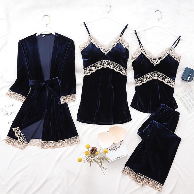 

Women Sleepwear Set Sexy Pajamas Golden Velvet Bathrobe Winter Warm and Thick Robe Korean Fashion Homewear Nightwear Pyjamas, Green