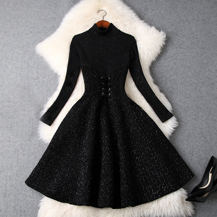 

2019 Spring Luxury Long Sleeve Crew Neck Pure Color Knitted Ribbon Tie-Bow Knee-Length Dress Fashion Casual Dresses LD16T9249, Black