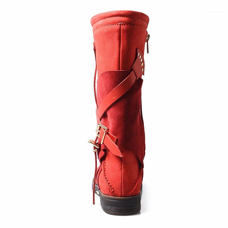 

Strap New British Cross Buckle Rivet Genuine Leather Winter Casual Streetwear Shoes Block Low Heels Mid Calf Boots1, Red fleece lining