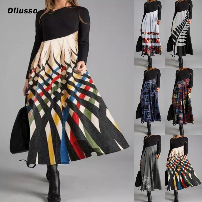 

Women Printed Dresses Long Sleeve Patchwork Elegant Ankle-length Ladies Dresses Female Autumn Winter Chic Fashion Casual, Black