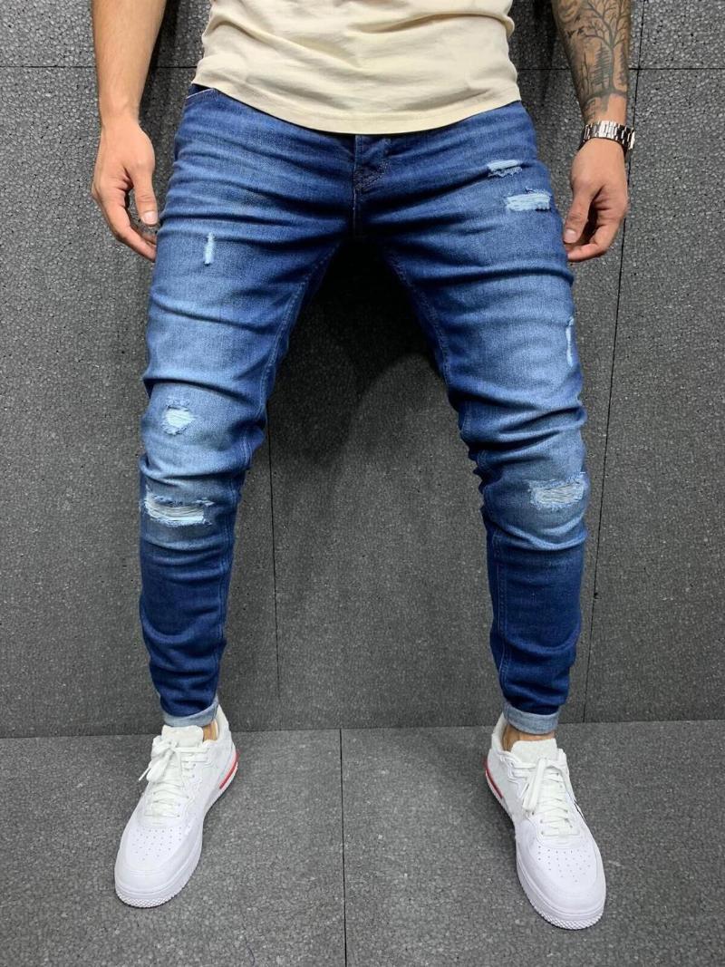 

New Men Sexy Hole Jeans Pants Casual Summer Autumn Male Ripped Skinny Trousers Slim Biker Outwears Pants 2020, Blue
