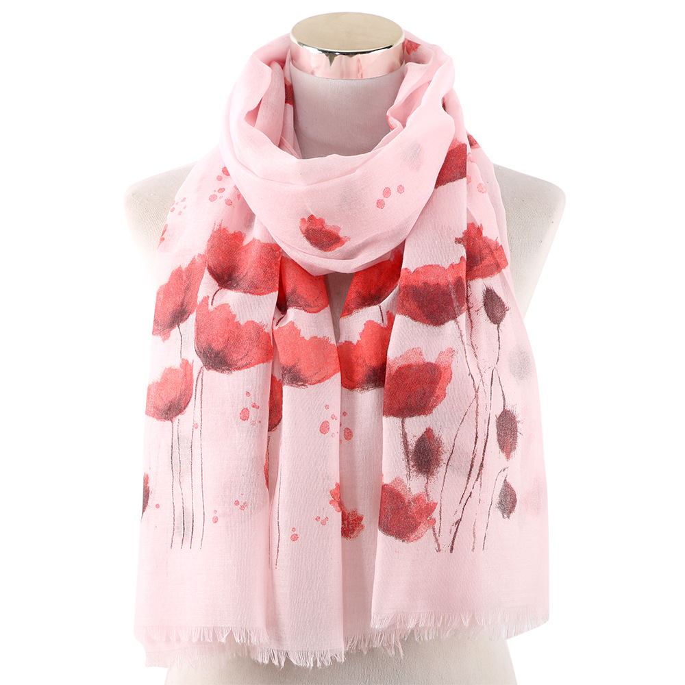 

Luxury-2020 New Poppy Print Fringe Scarf Shawls Women Long Soft Flower Floral Pattern Wrap Scarves Hijab 4 Color
