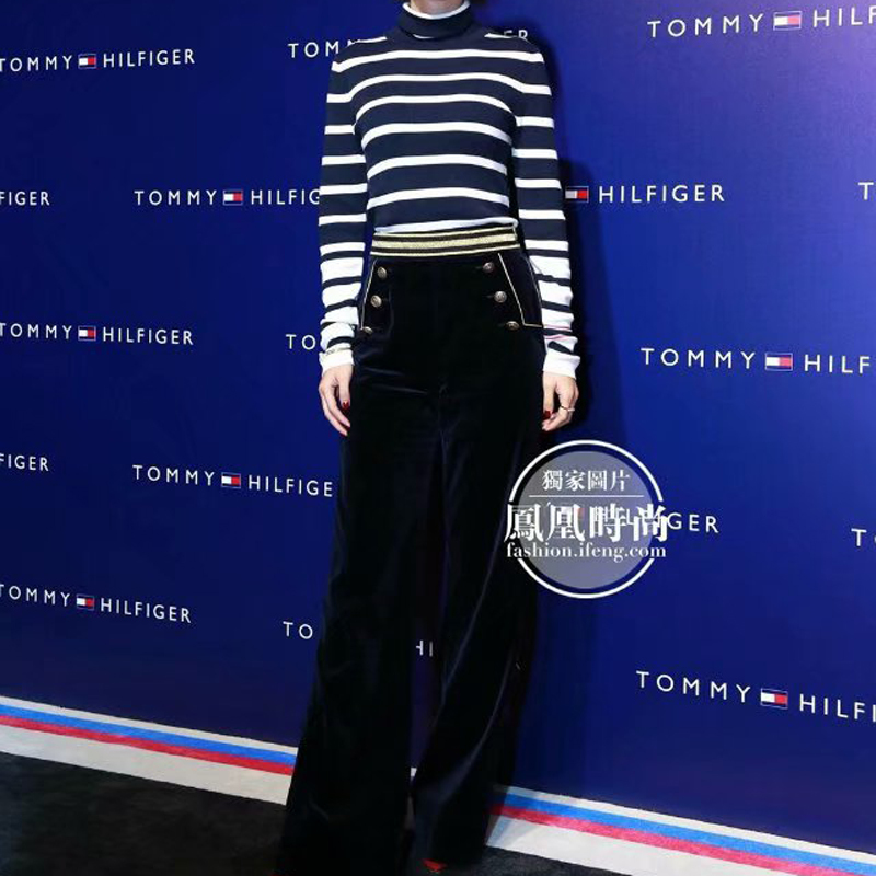

Autumn and Winter New Temperament Striped Mesh Superior Casual Velvet Women's Straight Pants Two-piece Suit T2vl, Navy blue.